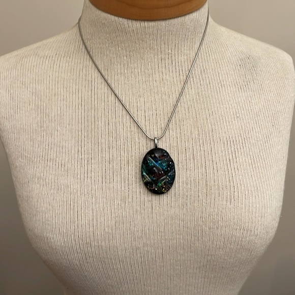 Dichroic Glass Quilted Glass Pendant & Chain - Picture 7 of 15